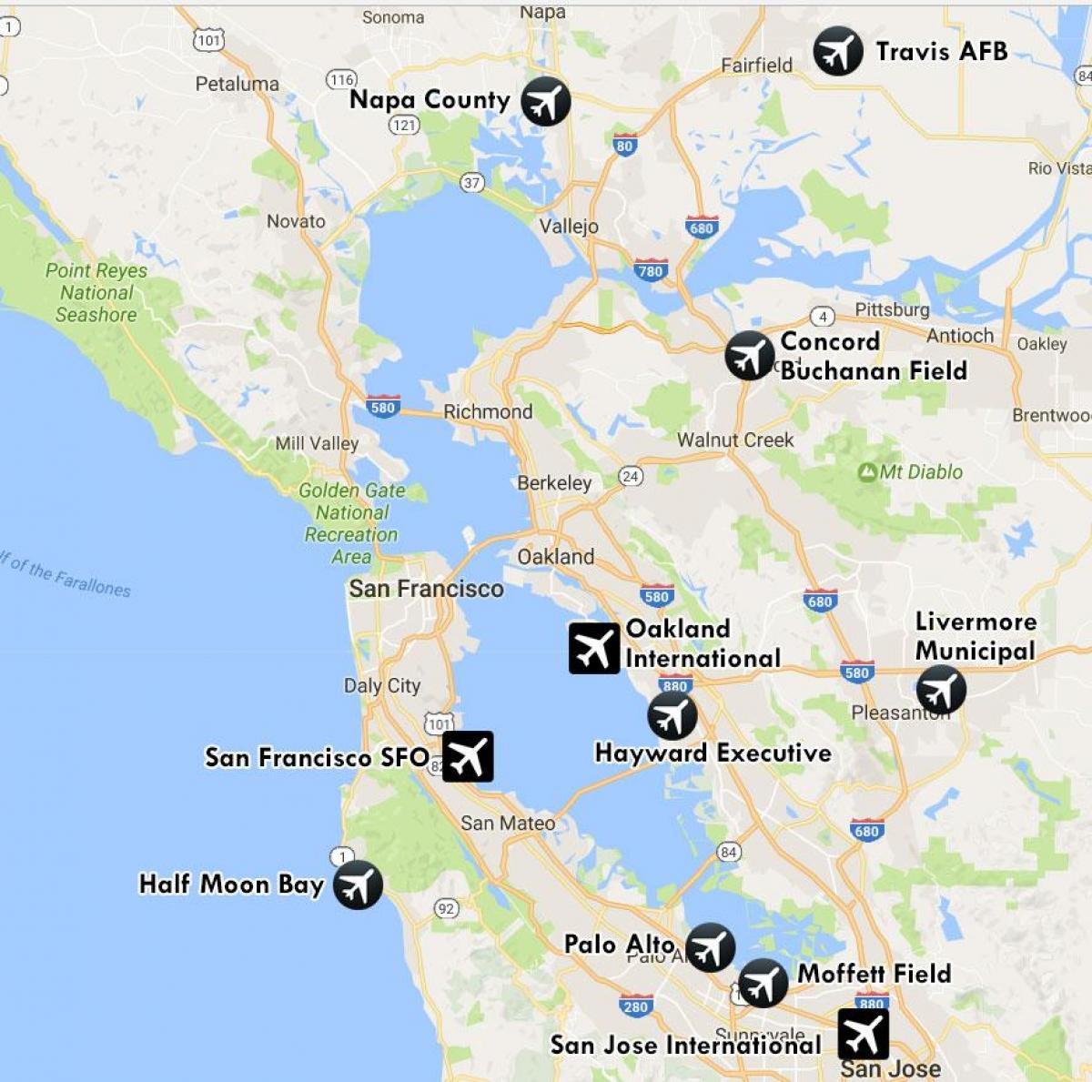 αεροδρόμια πλησίον της πόλης Σαν Φρανσίσκο εμφάνιση χάρτη