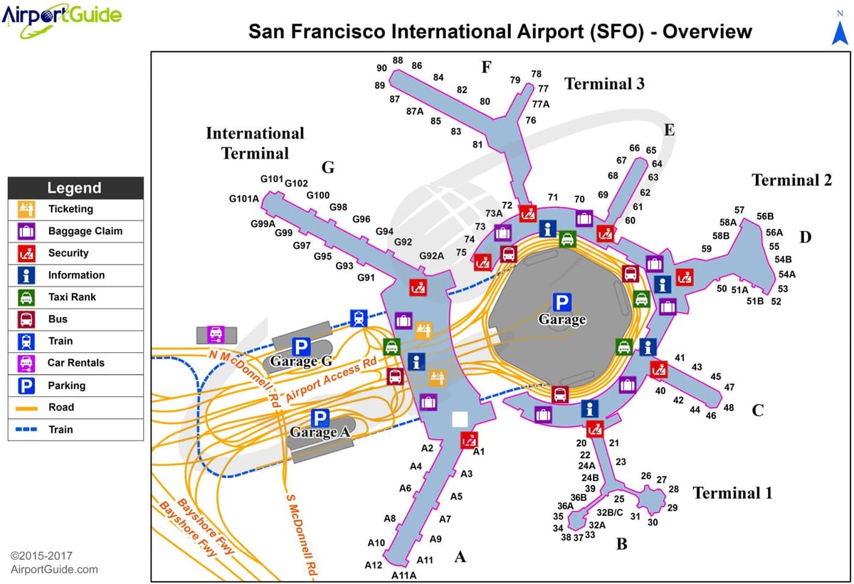 SFO διεθνών αφίξεων χάρτης