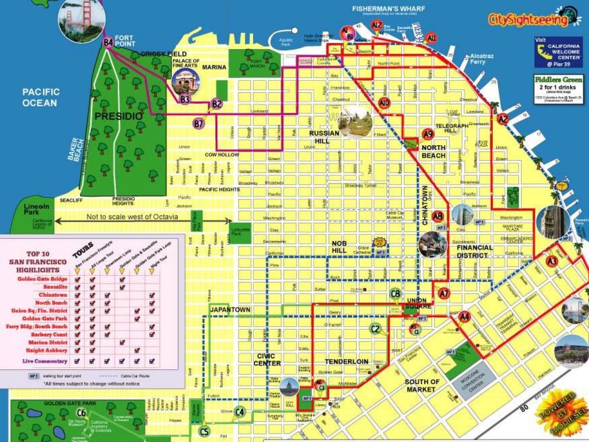 Χάρτης της πόλης, τα αξιοθέατα του Σαν Φρανσίσκο διαδρομή